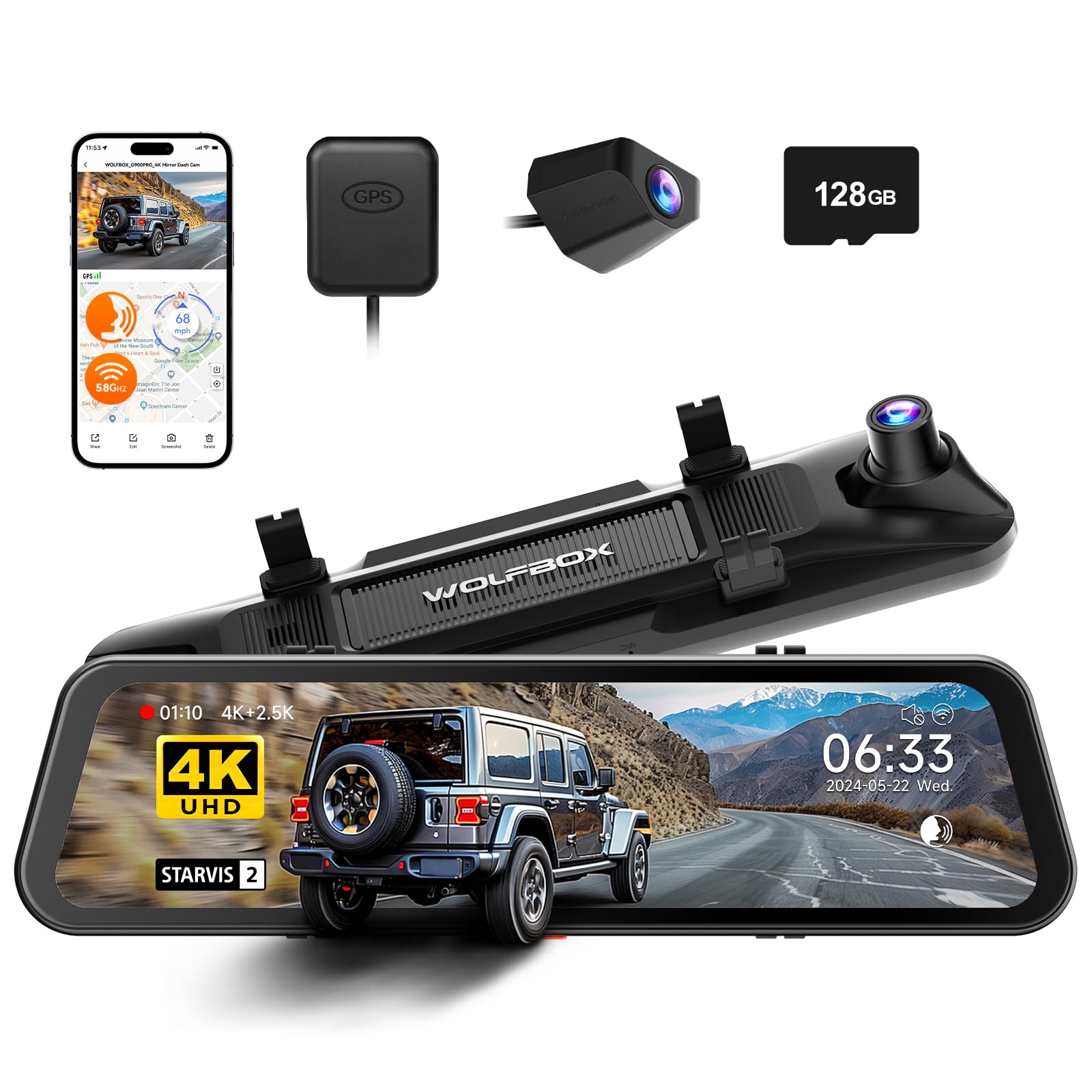 Wolfbox G900Pro Mirror Dash Camera, 4K+2.5K @ 30fps, 128GB