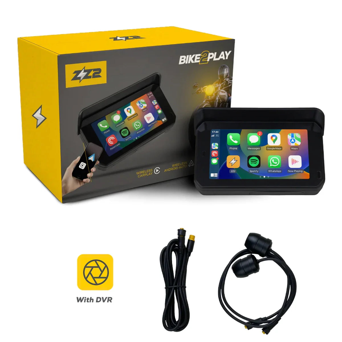 ZZ-2 B2P-DVR Motorcycle Apple CarPlay & Android Auto Media Screen with Front & Rear Dash Camera, 1080p + 1080p @ 30fps