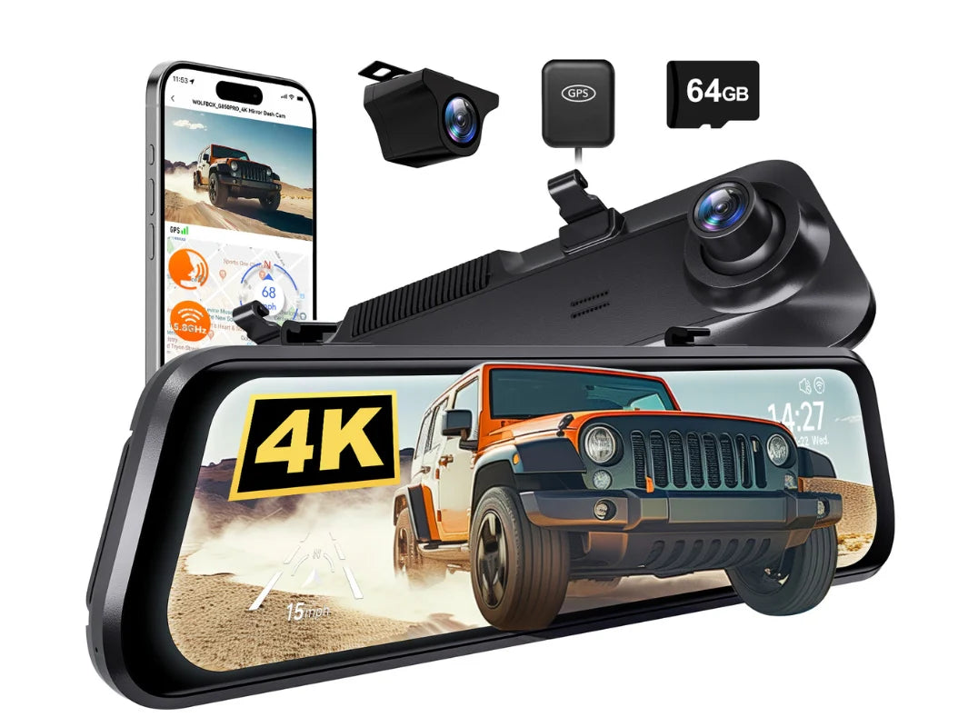 Wolfbox G850Pro Mirror Dash Camera, 4K+1080p @ 30fps, 64GB, Touchscreen, WiFi, GPS, Blind Spot Detection