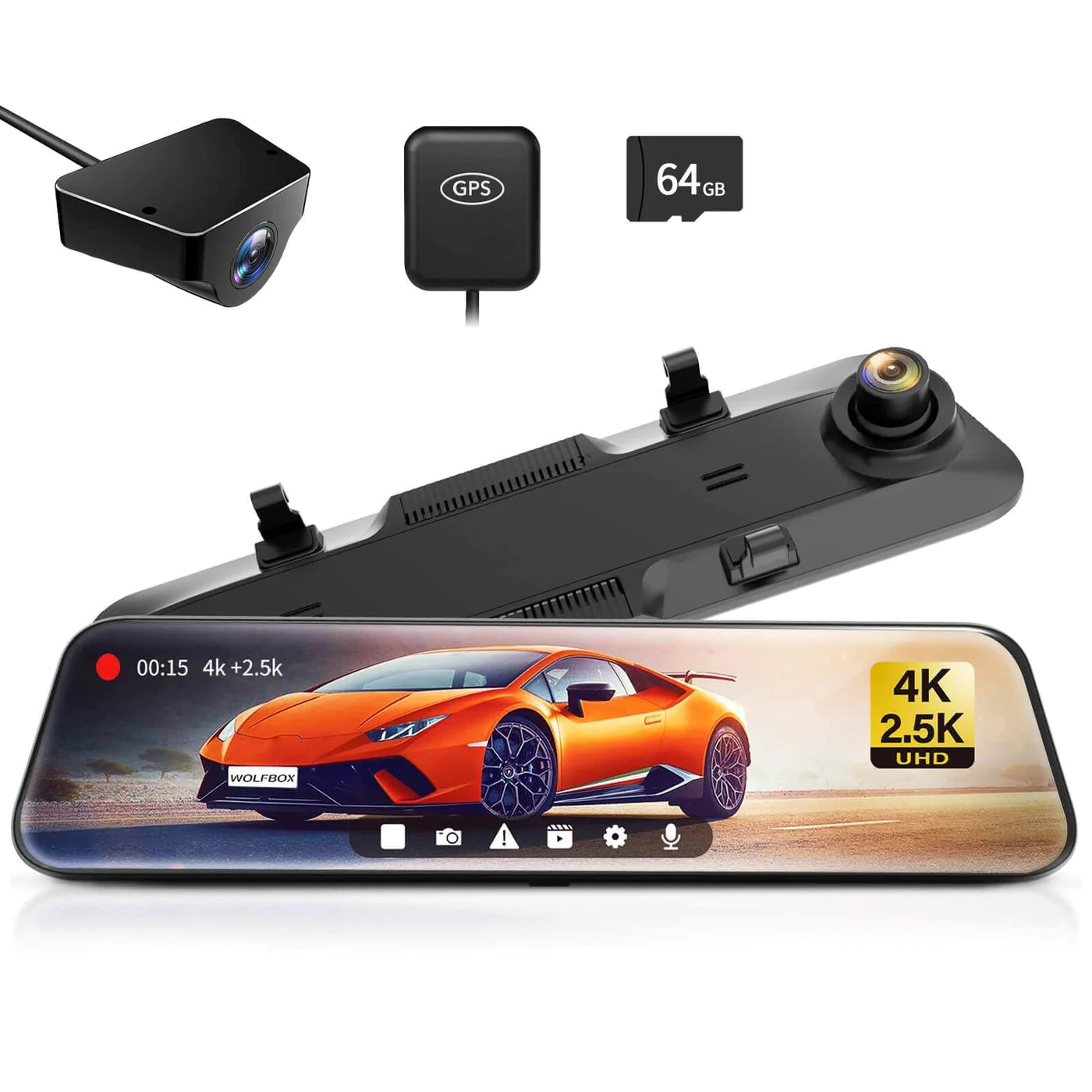 Wolfbox G900 Mirror Dash Camera, 4K+2.5K @ 30fps, Touchscreen, GPS - Lockdown Security