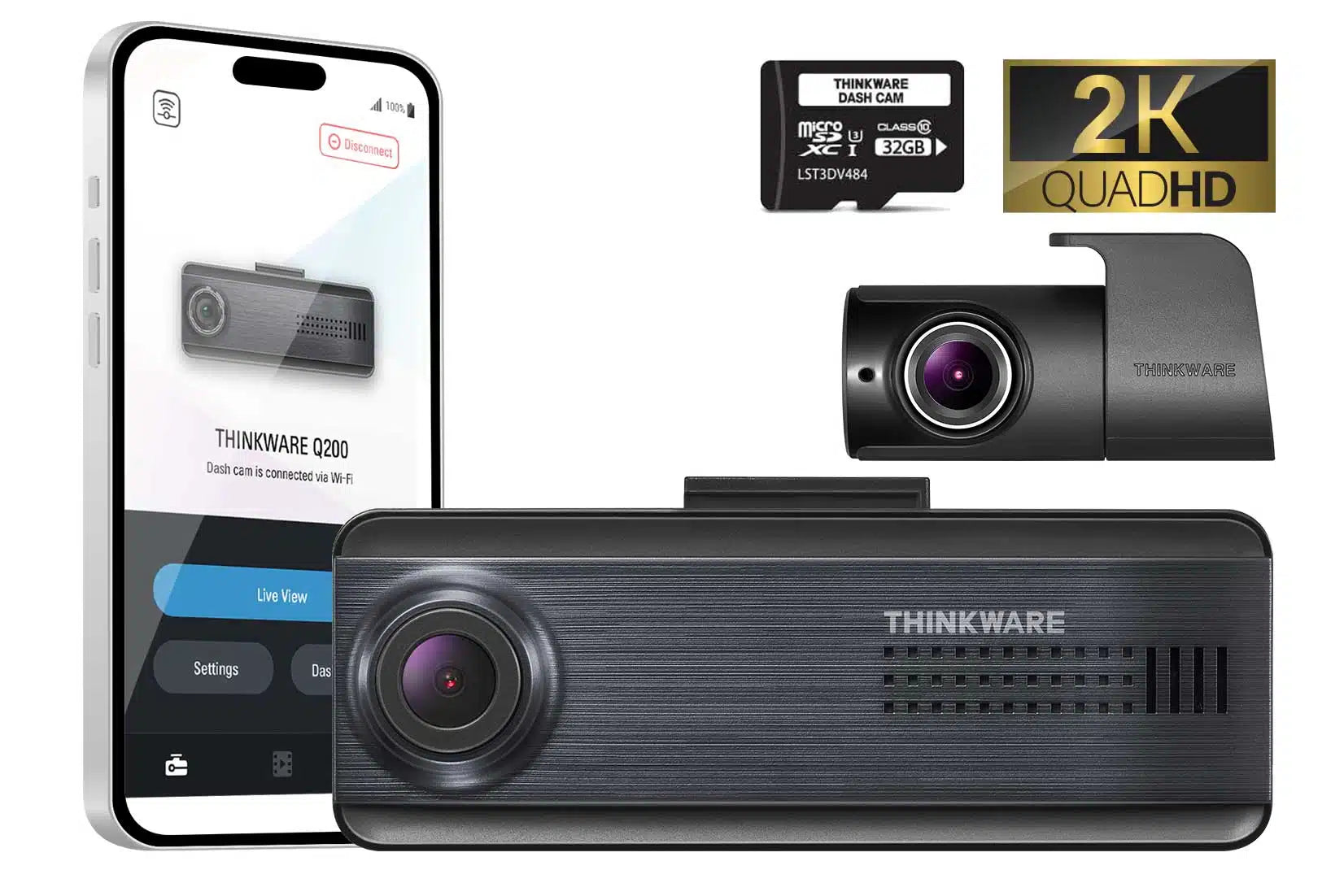 Thinkware Q200DCH32 Dash Camera, 2K+1080p @ 30fps, 32GB, WiFi, GPS