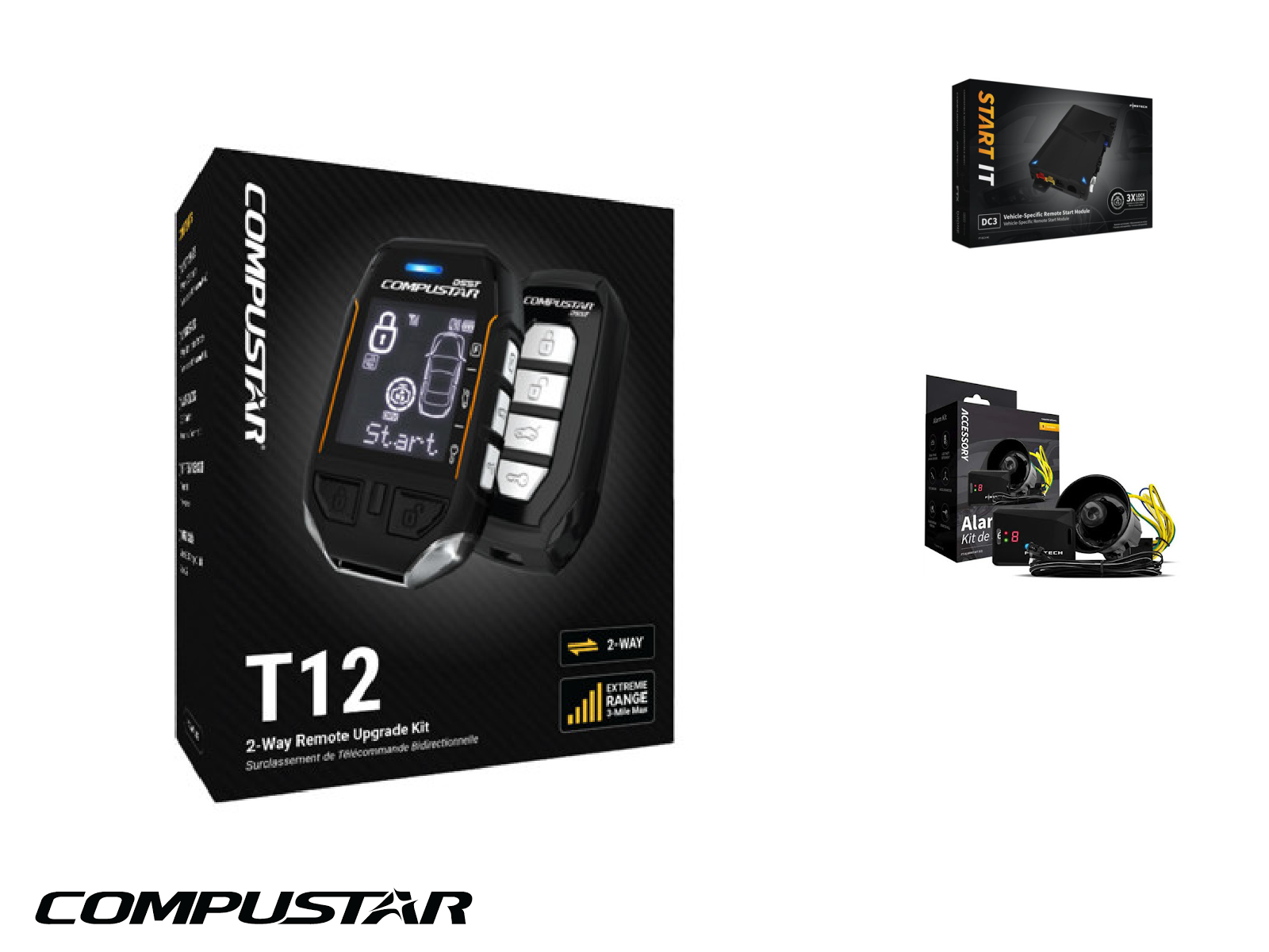 Compustar T12 with DC3 Car Alarm with Remote Starter, 2-Way LCD + 2-Way LED, 15000 Foot Range
