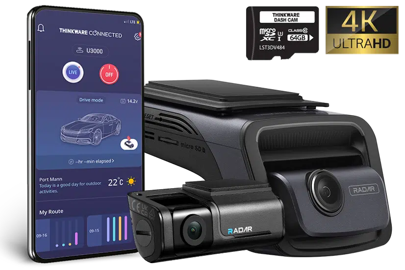 Thinkware U3000D642CH Dash Camera, 4K+2K @ 30fps, 64GB, WiFi, GPS, Cloud, Radar
