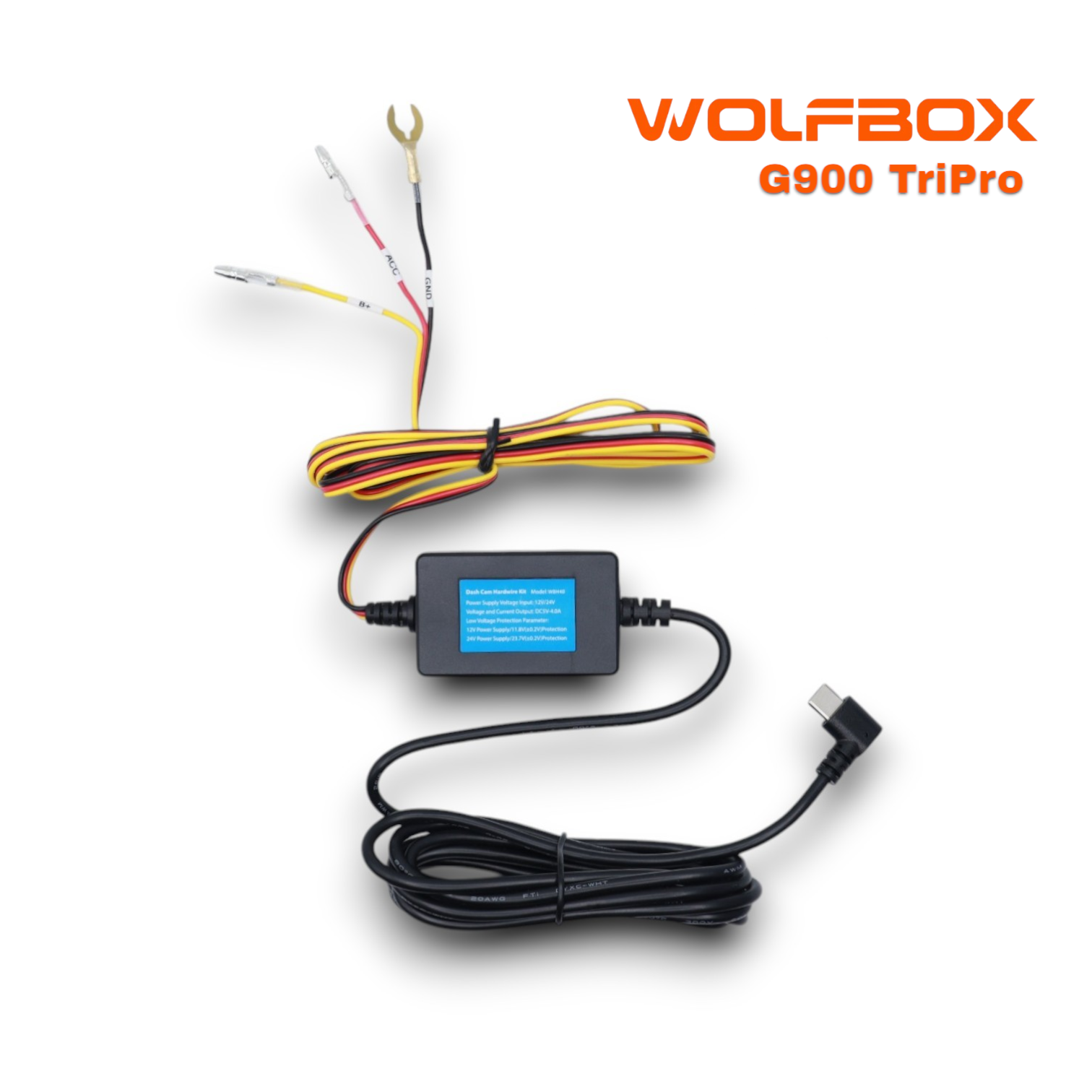 Wolfbox WBH40 Dash Camera Hardwire Power Cable, Compatible with G900 TriPro (all versions), 3.5 Meters, 11.48 Feet, USB-C