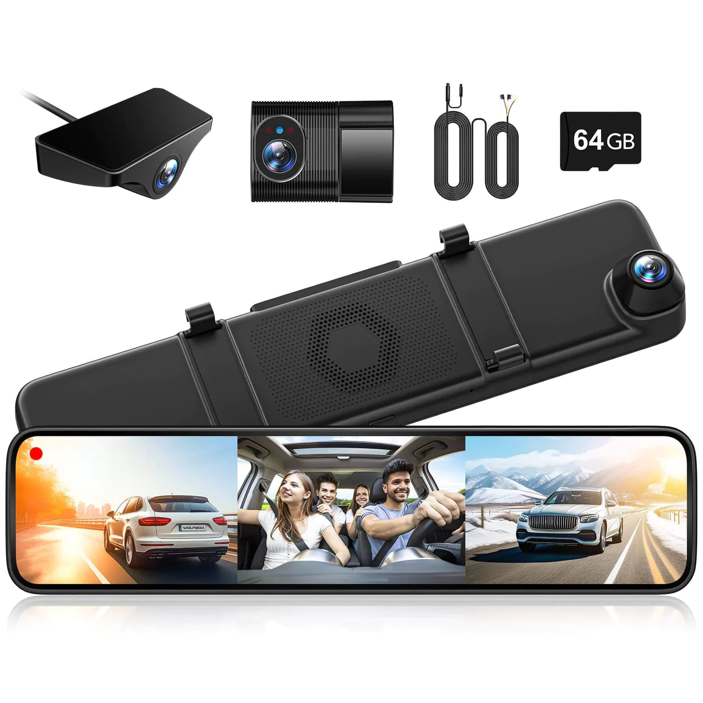 Wolfbox G890 Mirror Dash Camera, 2K+1080p+1080p @ 30fps, Touchscreen, GPS - Lockdown Security