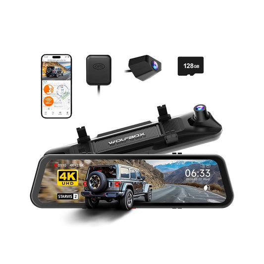 Wolfbox G900Pro Mirror Dash Camera, 4K+2.5K @ 30fps, 128GB, Touchscreen, WiFi, GPS