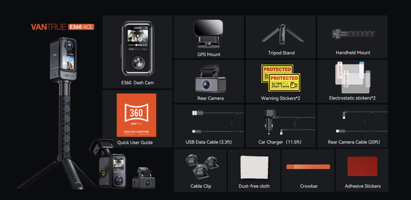 Vantrue E360 ACE Dash Camera, 5.2K 360 Degree @ 30fps, WiFi, LCD Screen, GPS, Cloud, Battery Powered Tripod Included